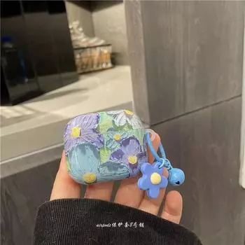 Minimalist Blue Oil Painting Flowers for Apple Bluetooth Airpods2/3 Protective Case Airpodspro Earphone Case Blue Oil Painting Flower Earphone Case Airpods 3