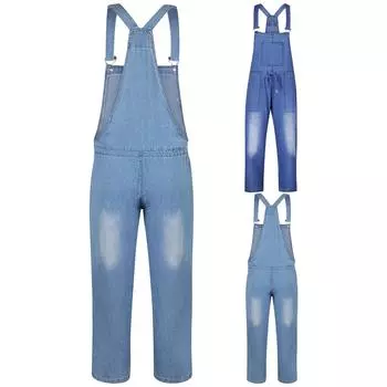 Минималистичный повседневный джинсовый комбинезон на бретельках с завязками L темно-синий