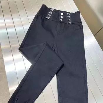 Minimalist Dark Retro Casual Breasted High Waist Skinny Pants Black XS