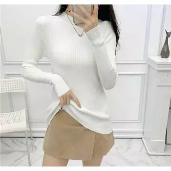 Minimalist Elegant Half-High Collar Long Sleeves Slim-Fit Slimming Pullover White All yards