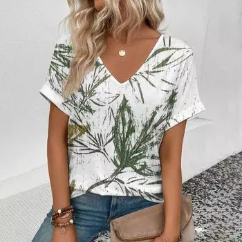 Минималистский цветочный узор с принтом, топ, повседневная и элегантная футболка с V-образным вырезом, продукт для летней женской одежды больших размеров XXS