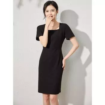 Minimalist French Square-Neck Cinched Slim Looking Black Sheath Skirt Black 3XL