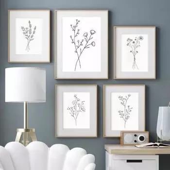 Minimalist Line Art Flower Bouquet Botanical Poster Black and White Wildflower Canvas Painting Wall Art Living Room Home Decor 21cm30cm NoFrame
