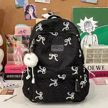 Minimalist School Nylon Backpack With Bow Embroidery Design For Teens Daily Small