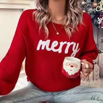 Минималистичный теплый женский свитер с короткими рукавами и рождественскими буквами, с заниженной линией плеч, с круглым вырезом, повседневный свитер с длинными рукавами и круглым вырезом S чёрный