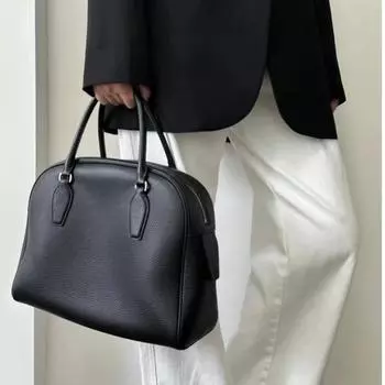 Минималистичная сумка-тоут Boston Bowling из коровьей кожи первого слоя, женская сумка из высококачественной кожи, большая вместительная сумка-подушка 31.5x13x26cm чёрный