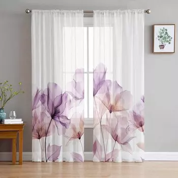 Минималистичные цветочные акварельные рентгеновские прозрачные шторы для детской спальни гостиной вуаль оконные шторы тюль драпировки W135 x H114cm