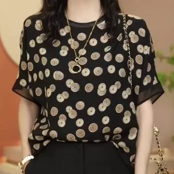 Минималистичные летние женские свитера Commuter 2024 года с круглым вырезом, в горошек, сшитые из марли, с коротким рукавом, свободные повседневные шифоновые топы S