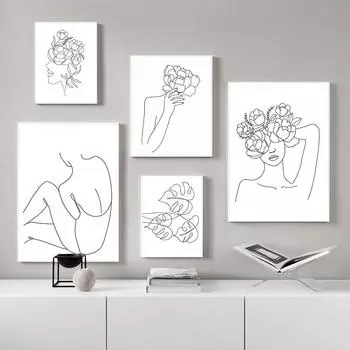Минималистичные линии для девочек и мальчиков, абстрактные цветы, листья, плакаты на скандинавскую тему и принты, настенная живопись на холсте, картины для гостиной, украшения 21x30cm No Framed