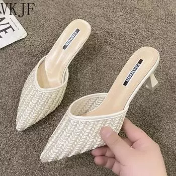 Минималистичные модные тапочки 2024 года, летние новые женские туфли на тонком каблуке, однотонные женские модные туфли на высоком каблуке, женская обувь 37