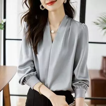 Минималистичные однотонные повседневные рубашки с длинным рукавом для женщин, весна и осень, темпераментные женские шифоновые блузки с V-образным вырезом, топы, элегантная офисная женская рубашка 26072 S серый