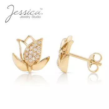 Минималистичные серьги-гвоздики с цветком тюльпана из настоящего желтого золота 14 карат и стерлингового серебра 925 пробы для нее