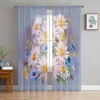 Минималистичные тюлевые шторы с цветами и ромашками для гостиной, кухни, современные оконные занавески, вуали 135W x 114H(cm)