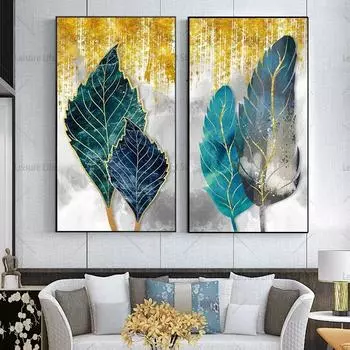 Минималистичный красочный холст с золотыми перьями, картина с золотым листом, олень и листья, постеры и принты для декора стен крыльца, без рамки 20x40cm NO Frame охотник зеленый