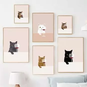 Минималистичный милый кот с винным холстом, картина Kawaii Kitty, животное, настенный художественный постер с принтом для гостиной, домашний декор, Cuadros 21x30cm No Frame