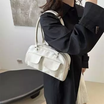 Минималистская большая вместительная сумка из искусственной кожи с несколькими карманами, однотонная легкая прочная сумка на плечо для женщин, повседневная/для шопинга