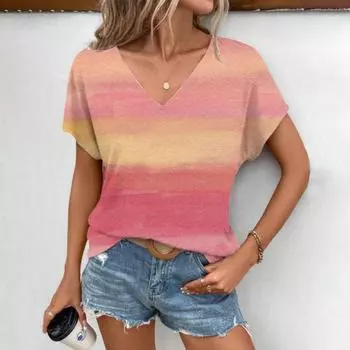 Минималистская новая летняя высококачественная футболка с полосатым узором, яркий уличный женский топ с V-образным вырезом и короткими рукавами S
