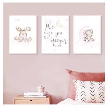 Минималистский кролик с лунным принтом, розовый мультяшный рисунок, скандинавская детская комната для девочек, украшение для комнаты, картина для детской комнаты, настенный художественный холст, постер 21cm30cm NoFrame