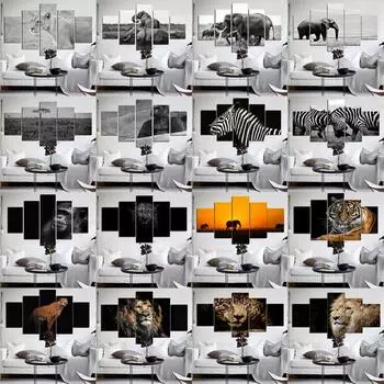 Минималистский постер с животными, лев, леопард, орангутанг и слон, холст, картина, 5 шт., модульная картина, принт, настенное искусство, домашний декор 20x35cm*2 20x45cm*2 20x55cm*1