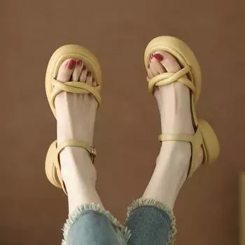 Минималистский стиль, толстая подошва, толстый каблук, летние пляжные сандалии, женские, новые, средний каблук, открытый носок, Luo 35 жёлтый