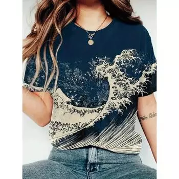 MINISO летние женские укие-э стиль волны 3D принтованные короткие рукава популярные модные удобные дышащие повседневные короткие рукава S