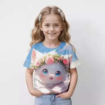 Miniso Новые летние стильные топы с короткими рукавами для девочек, симпатичная мультяшная кошечка с 3D-принтом, модная футболка, повседневная одежда для пикника 100