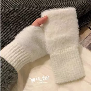 Mink Fleece Winter Half Finger Gloves Women Warm Luxury Solid White Plush Knitted Fingerless Gloves Writting Soft Wrist Mittens белый