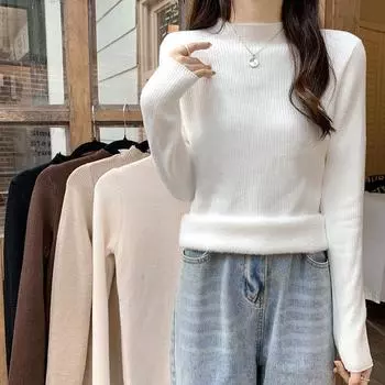 Топ из норкового бархата и толстый свитер, женский цельный бархатный облегающий свитер с полуводолазкой, базовый свитер One size