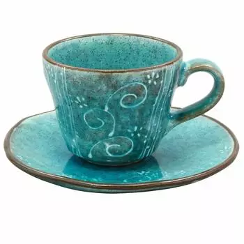 Mino ware coffee bowl plate, unique arabesque, blue, made in Japan 502-07