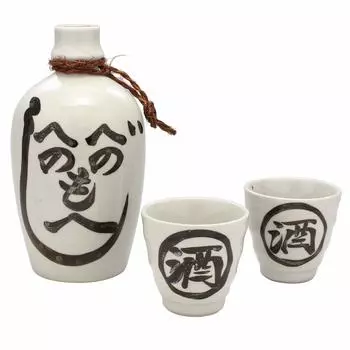 Mino Ware Folk Art Sake Cup Set Henohenomoheji White E-00205
