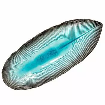 Mino ware leaf-shaped oval plate, approx. 33 x 14 cm, Shinkai glaze, made in Japan 508-13