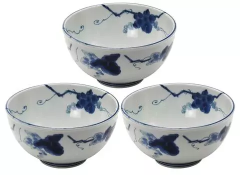 Mino Ware Lightweight Rice Bowl, Set of 3, Indigo-dyed Grapes, Approx. Diameter 15.8 x Height 8.3cm, Tableware Set, Ceramic, Microwave, Dishwasher