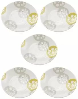 Mino Ware Lightweight Small Plate Tableware Set, 5 Pieces, Lotus Root, Yellow, Approximately 12cm in Diameter, Microwave and Dishwasher Safe, Made in