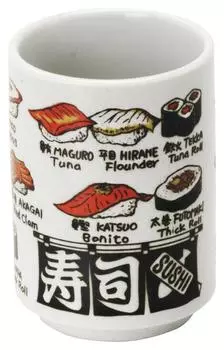 Mino Ware Sushi Yumi Tea Cup, Diameter Approx. 7 x Height 10cm, Sushi English Pattern, Sushi Yumi Tea Bowl, Sushi Tea Cup, Home Use, Commercial Use,