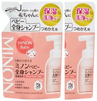 MINON Детский шампунь для тела, сменный блок 300 мл, набор из 2 штук с образцом детского шампуня. Можно использовать с 0 лет. Пенный тип. Увлажняющий. Предотвращает сухость. белый