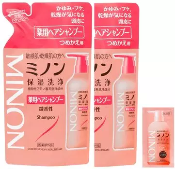 Minon Лечебный шампунь для волос, сменный блок, 380 мл, набор из 2 штук с образцом шампуня для чувствительной сухой, слабоаллергенной кожи, зуда, перхоти,