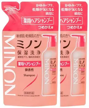 Minon Лечебный шампунь для волос Запасной блок 380 мл Набор из 2 штук с образцом шампуня для волос Чувствительная кожа Зуд Перхоть Увлажняющий Предотвращение сухости Слабо розовый