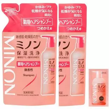 Minon Medicated Hair Shampoo Refill 380mL Set of 2 with Sample Hair Shampoo for Sensitive Skin Itching Dandruff Moisturizing Dryness Weakly Acidic Hyp
