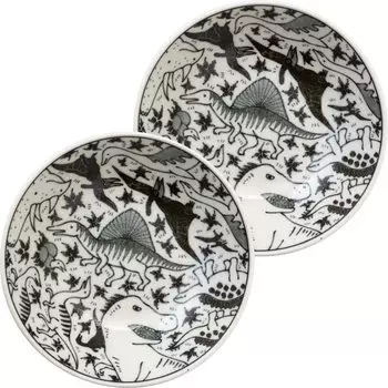 Minoru Pottery Mino Ware Ikimonozukan 135 Shallow Bowl Kyoryu no Nakama Set of 2
