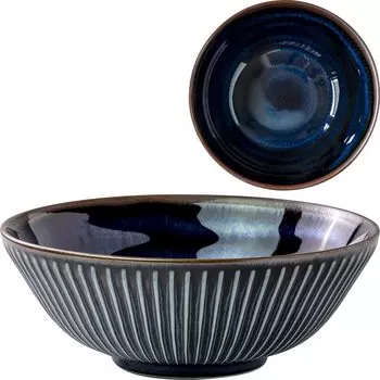 Minoru Pottery Mino Ware Kiln SENDAN Noodle Bowl Navy