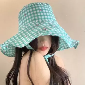 Mint Green Plaid Bucket Hat Spring and Summer Outdoor Travel Big Brim Showing Face Small Versatile Sunscreen Women s Caps 56-58cm зелёный