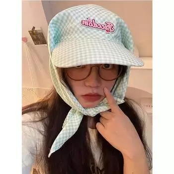 Мятно-зеленые клетчатые шапки-косынки с ремешком для женщин, летние солнцезащитные шапки для путешествий, универсальные модные солнцезащитные шляпы с наклейками 56-58cm зелёный