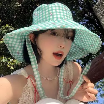 Mint Mambo Green Plaid Strap Bucket Hats Spring and Summer Travel Korean Fashion Floral Big Brim Sun Protection Women s Caps 56-58cm зелёный