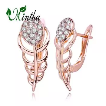 MINTHA серьги-клипсы с перьями, трендовые серьги цвета розового золота, свадебные повседневные модные украшения, серьги с полым цирконием для женщин, свадебные серьги A