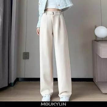 MIOUKYUN, зимние толстые свободные повседневные женские широкие брюки, однотонные шикарные прямые тонкие модные женские брюки с пуговицами, черный абрикос S чёрный