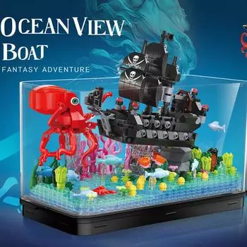 Мир океана, строительные блоки, черный жемчуг, пиратский корабль, осьминог, морская трава, мини-модель аквариума, кирпичи, украшения, детские рождественские подарки красный/чёрный