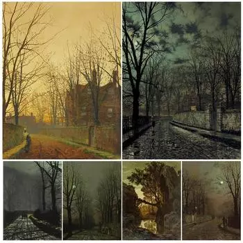 Мирная ночь и улица под лунным светом Ретро Настенное искусство Холст Картина Искусство жизни в темноте Плакат 21cm30cm NoFrame