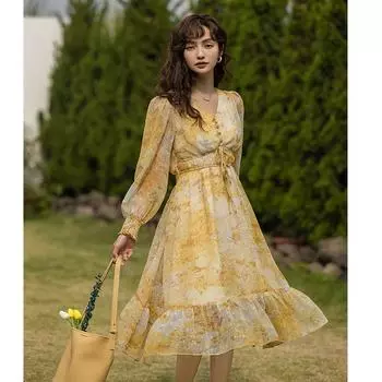 MISHOW элегантное женское платье с эластичной резинкой на талии во французском стиле, платья до середины икры с цветочным принтом, шикарные платья MXC11L1422 S жёлтый