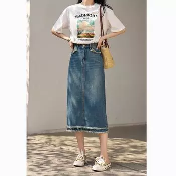 Mishow Джинсовая юбка для женщин Летняя винтажная рваная корейская стильная смешанная юбка средней длины в стиле ампир Versatitle Женская одежда MXC15B0024 S