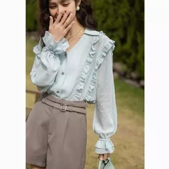 Mishow французская элегантная блузка с v-образным вырезом для женщин весна лето корейская милая тонкая блузка пригородные расклешенные рукава с оборками и складками женская одежда MXC12C0725